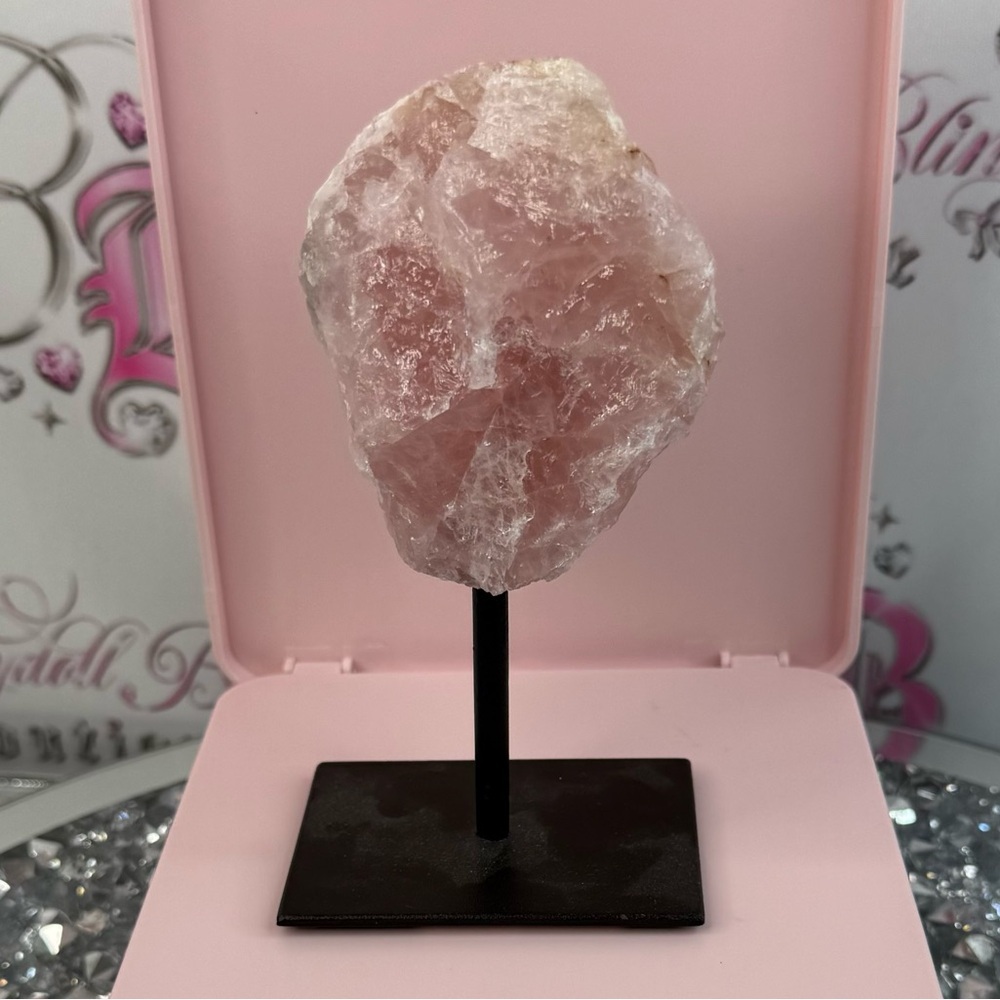 Rose Quartz Crystal on Stand black metal stand geode rock healing